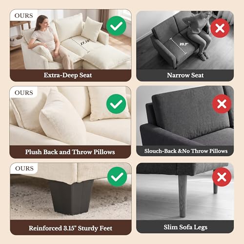 Image of Loveseat Sofa with Ottoman, Cloud 3-Layer Cushion & 27 inch Deep Seat Modern Small Couch with 2 Washable Pillows for Small Spaces, Bedroom, Apartment, Office, Living Room, in a Box, 50-Inch Beige
