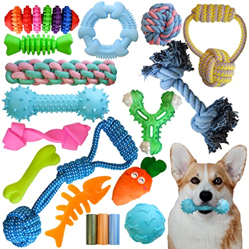 Chew Toys For Puppies Teething Small Dogs/| 18 Pack Dog Teeth Cleaning Chew Toys/ Puppy Chew Toys/ Puppy Teething Toys Including Puppy Chews, Rope Dog Toys, Squeaky Dog Toys & Dog Poop Bags #TOP25