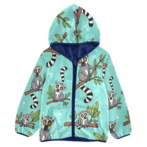 Lemurs on Branches with Leaves Toddler Fleece Jacket Girl Boys Hooded Fleece Jacket Coat Warm Outwear Zip-up 3-10T