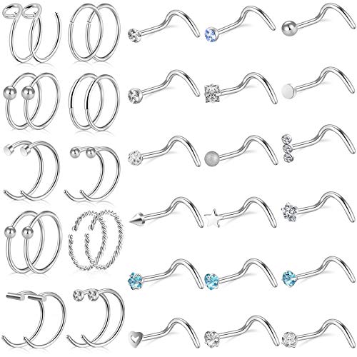ONESING 38 Pcs 20G Nose Rings for Women Hoop Nose Rings Piercings Jewelry Nose Rings Studs Screw 316L Stainless Steel for Women Men