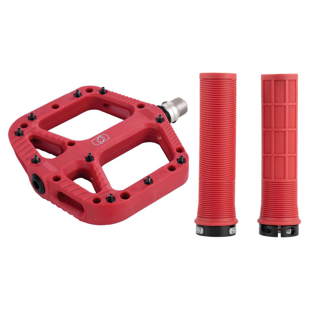 Oxford MTB Grip & Pedal Set – Lock-On Grips + Loam 2.0 Nylon Flat Pedals | Mountain Bike Components, Colour-Matched Pair – Red - Trail Riding, Enduro Biking, Enhanced Grip & Control