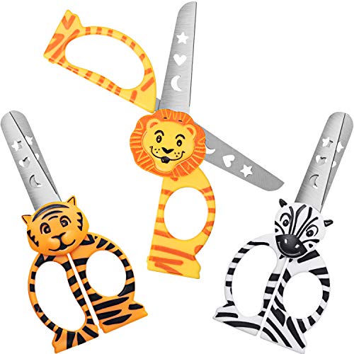 3 Pieces Toddler Safety Scissors Kids Craft Scissors Multipurpose Children School Training Scissors with Lion Tiger Zebra Designs for DIY Projects, Paper, Plastic Cutting