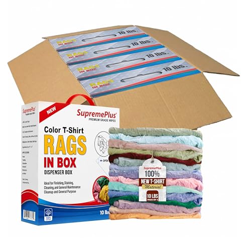 Image of New Colored Cotton Knit T-Shirt Cleaning Rags, 10 lb Box, Pack of 4, Reusable Cleaning Cloths for Auto, Garage, Engine & General Wiping, Durable Shop Rags Bulk for Commercial Use (CBX)