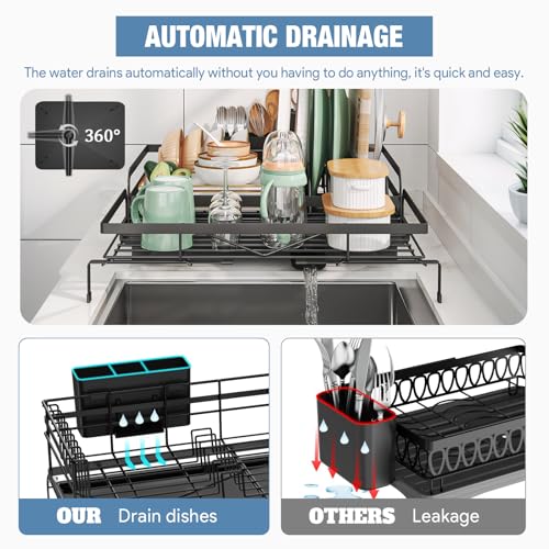 Image of DEVA Dish Drying Rack, Stretchable Large Utensils Drying Rack, Stainless Steel Kitchen Dish Rack with Drainer Tray