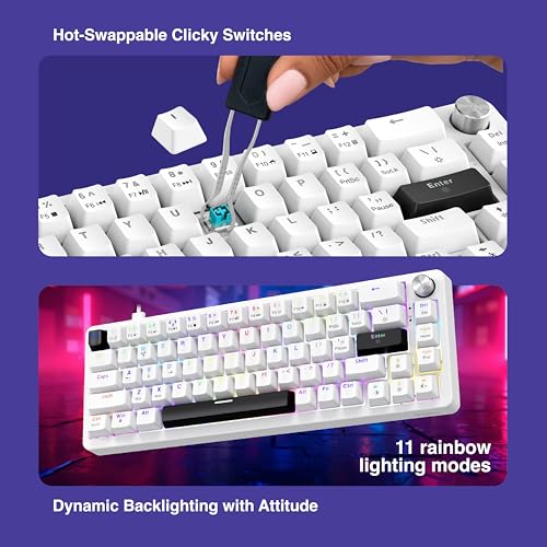 Image of FINGERS Savage-MK2 Wired Mechanical Gaming Keyboard (65% Compact 67 Keys, Hot-Swappable Switches, 2-Layer Gasket, 11 RGB Modes, Volume Control Knob, 100% Anti-Ghosting, 50M Keystrokes) - Crystal White