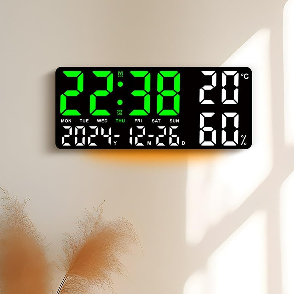 Horloge murale LED noire avec moniteur de température et humidité