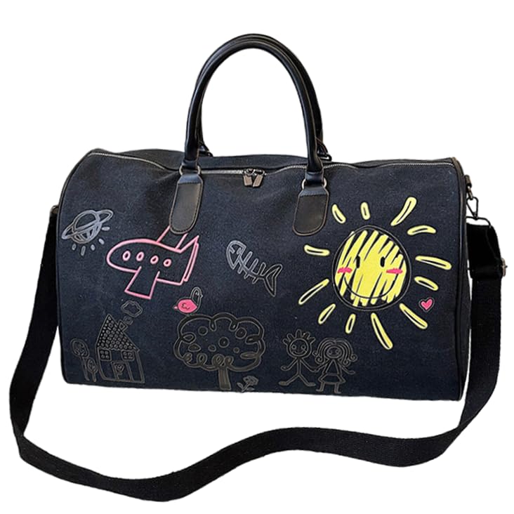 FUNSEED Cute Graffiti Outdoor Travel Bag for Women Men, Storage Bag Large Capacity Leisure Canvas Handbag Luggage Bag Gym Bag (Black)