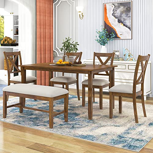 Image of LUMISOL 6-Piece Dining Table Set, Wood Kitchen Table with 4 Chairs and Bench, Farmhouse Dining Table with Bench and Chairs Set for Kitchen, Living Room, Natural