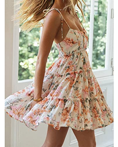 Image of Mansy Womens 2026 Summer Floral Mini Dress Boho Flowy Skater Dresses Short Sleeveless Ruffle Spaghetti Strap Dress