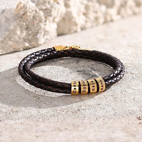 Sett&Co - Personalized "Quest" Brown/Black Leather Bracelet With Up To 7 Custom Beads With Inscription - Sterling Silver 0.925, 18K Gold Plated - Engraved Jewelry For Him, Men, Dad - Dainty Gift For Father's Day, Christmas, Valentine's Day2