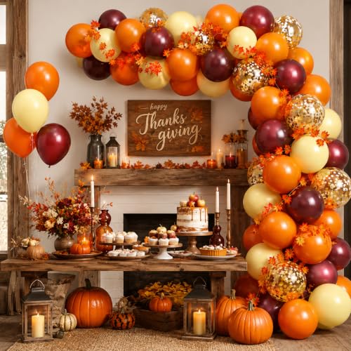 Image of Fall Balloon Arch Kit, Fall Birthday Party Decorations, Orange Burgundy Yellow Gold Confetti Balloons Garland Kit with 6.5 Ft Maple Leaves for Home Thanksgiving Autumn Baby Shower Party Decor Supplies