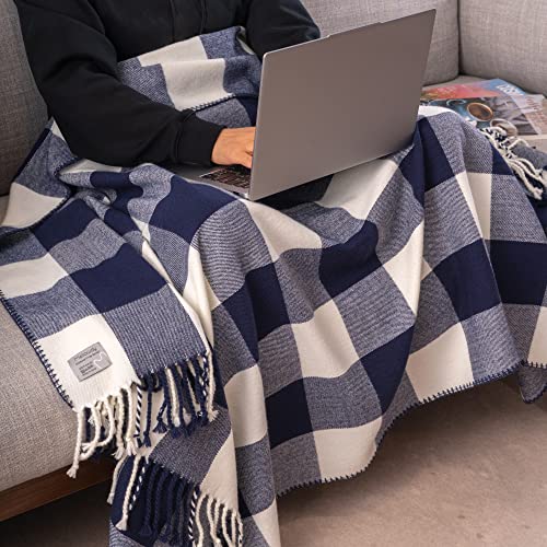 Mellowdy Classic Checkered Blanket - Faux Cashmere Plaid Throw With Fringe - Soft Woven, Lightweight, Farmhouse, Vintage Inspired Décor For Couch, Chair, Office (Navy Blue, 50X60) #TOP2