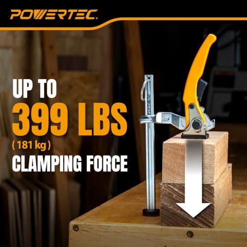 Image of POWERTEC Woodworking Bench Dog Clamps, 2 PK, for 3 /4 inch Dog Holes (72452-P2) | Quick-release ratchet, 6-5 /16 inch clamping capacity, non-marring pads, ideal for MFT workbenches, routing & sanding