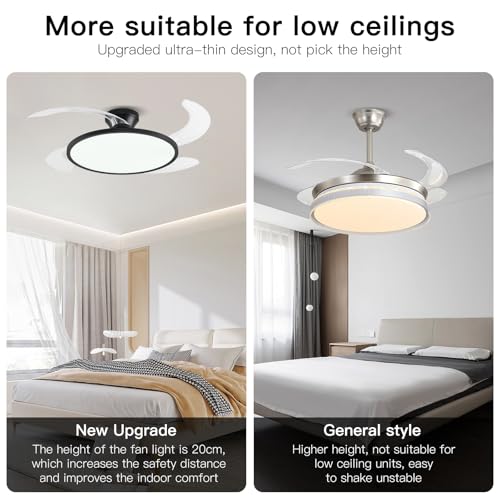 AHAWILL Retractable Ceiling Fan with Lights Remote Control,42'' Low Profile Ceiling Fan with Retractable Blades,Dimmable Full Spectrum,Modern Fandelier for Living Room Dinning Room Bedroom,Black thumbnail 4