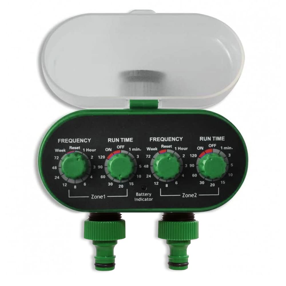 Timer automatico per irrigazione da giardino Doppia uscita per un controllo efficiente Due settori contemporaneamente. Configurazione facile con due ruote per tempo di ciclo e irrigazione.