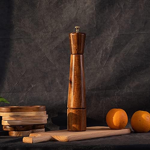 DeroTeno Pepper Grinder, Pepper Mill with Adjustable Stainless Steel, Acacia Wood, 32 cm Height, Bottom Dia: 6 cm, Upper Dia: 5.5 cm (Tray is NOT Included)