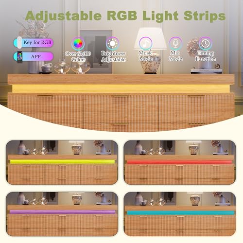 Image of 9 Drawer Dresser with LED Lights and Charging Station, 63 inch Wide Fluted Dresser for Bedroom, Modern Wood Chest of Drawers for Closet Dresser TV Stand for Living Room, Entryway, Natural Oak