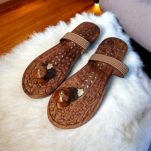 Image of Khadau Chappal for Men | Wooden Charan Paduka for Puja, Wearable Wooden Chappal Eco-Friendly (Rosewood) (7 UK, Brass-Carve)