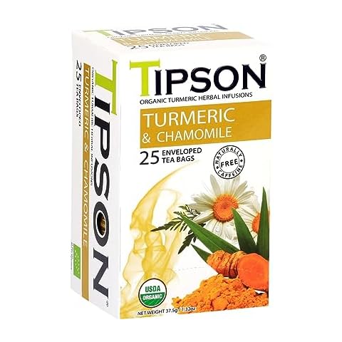 Tipson Organic Turmeric Caffeine Free Herbal Tea - Organic Turmeric & Organic Chamomile - 25 Foil Enveloped Double Chambered Bags - Keto/Paleo - Basilur Cover