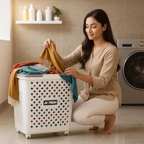 Image of JD FRESH Large 45 Liters Foldable Laundry Basket /Multipurpose Laundry Bag for Clothes with Wheels and Integrated Handles /Movable Plastic Clothes Basket /Laundry Bucket for Home & Laundry Room - (White)