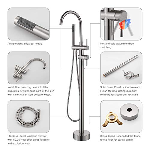 TapLong Brushed Nickel Freestanding Bathtub Faucet,Floor Mounted Bathroom Tub Faucets with Hand Shower High Flow Floor Mount Tub Filler, Shower Tub Faucet Set Complete-SH-7IIP-KJCM by TapLong - Used condition - Image 7