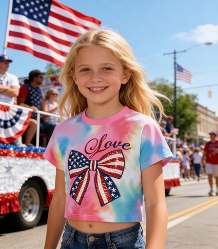 Image of Tkria Girl Crop Tops July 4th Crewneck Tshirt American Flag Patriotic USA Flag Girls Outfit Clothes Size 6-14