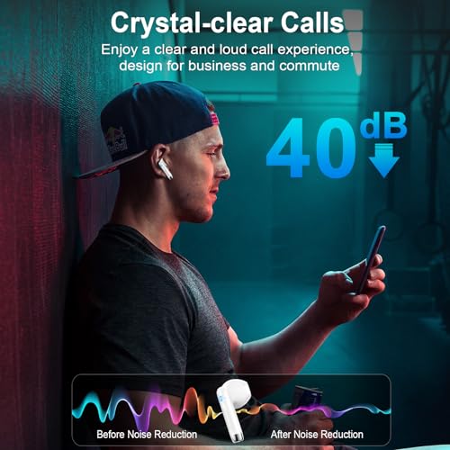 Image of Wireless Earbuds, Bluetooth Headphones, Stereo Bass Ear Buds with ENC Noise Cancelling Mics,42H Bluetooth Earbuds with LED Display Charging Case, IP7 Waterproof Earphones for Android iOS /Glass white