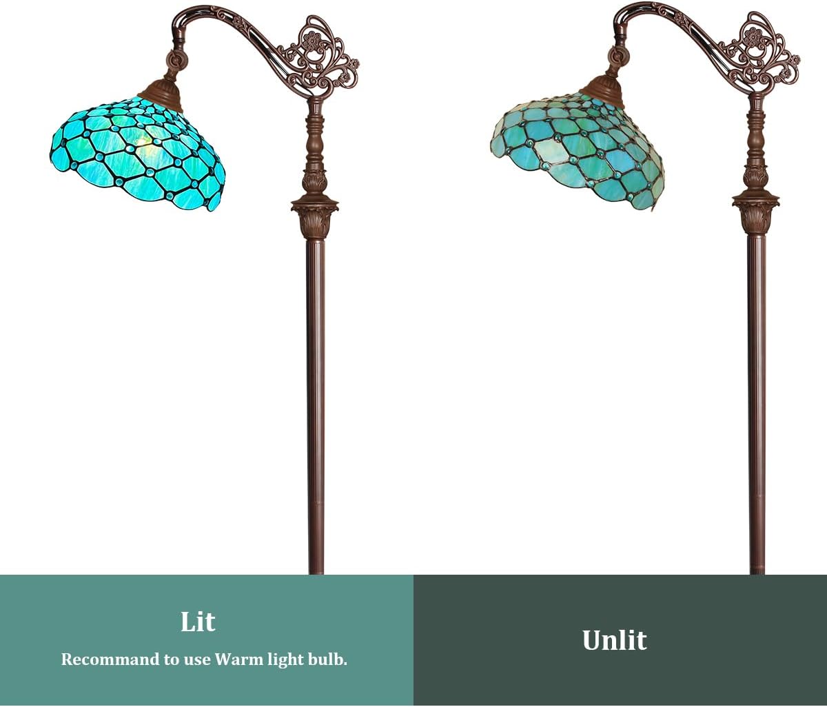 Capulina Tiffany Lamp Stained Glass Floor Lamp 62 Inches Tall Seagrass Blue Beads Soft Light Arched Adjustable Angle Tiffany Style Reading Floor Lamp for Living Room Bedroom Study Home Office