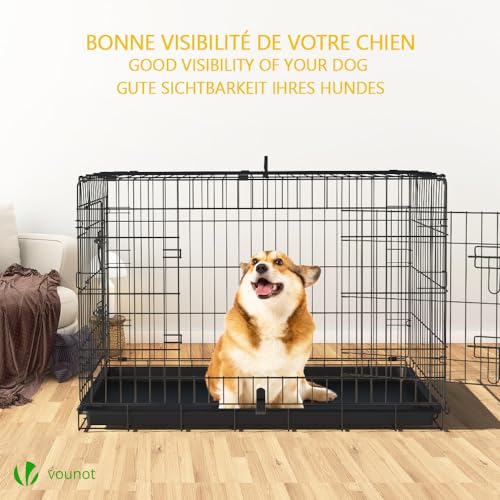 VOUNOT Hundekäfig Klappbar, Hundebox Auto Hundetransportkäfig mit Doppeltüren, 2 Transportgriffen & Bodenschale, L 92x58x64cm, Schwarz