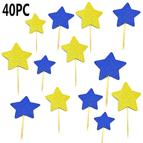 Twinkle Twinkle Little Star Gold Royal Blue Star Cupcake Caketoppers For Diy Glitter Mini Birthday Cake Snack Decorations Picks Party Accessories Weddings Bridal Baby Shower 40Pc #TOP2