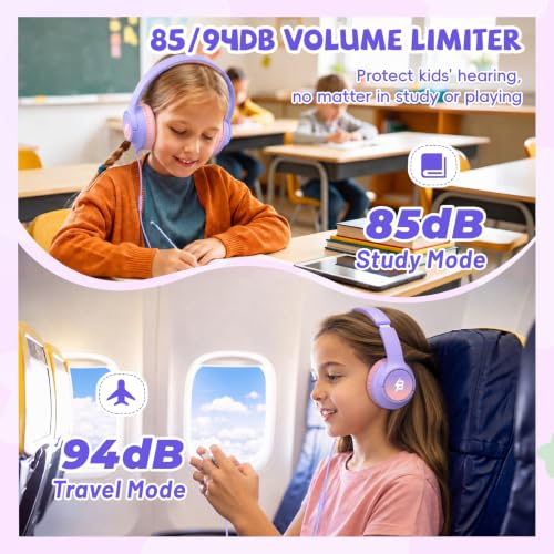 Image of USB C Headphones Wired for Kids, 85 /94dB Volume Limit With Mic, Purple | Kid Headphones for School, Wired Over Ear USBC Plug in Corded Headphones for Boys Girl Toddler, iPad, Tablet, Airplane Travel