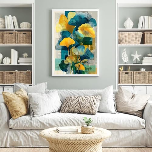 Impression botanique bleue et jaune grand format ginkgo 50x70 - 2