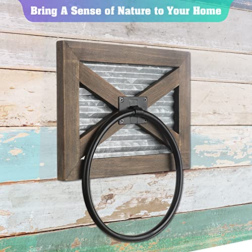 Kuledm TR100 Farmhouse Bathroom Rustic Towel Ring With Galvanized Metal& Black Metal - Rustic Warm Brown Wood Wall Mount Hand Towel Holder For Country Bathroom Decor thumb #2