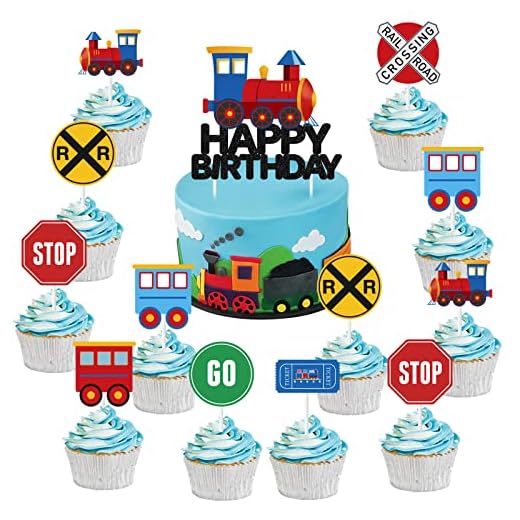 Train Cake Toppers for Boys, 25 Pcs Traffic Happy Birthday Cupcake Toppers, Transportation Theme Cake Decorations for Birthday Party, Railroad Train Crossing Theme Party Decorations