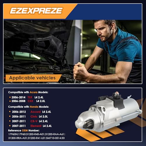 Image of Ezexpreze 2006-2012 Honda Accord 2.4 Starter, 2006-2011 Civic 2.0L, 2007-2011 CR-V Element, 2006-2014 Acura, 17960N 31200R40A01 31200R41L01 336-2059 SMU0428 SMU0498 410-54107 17960