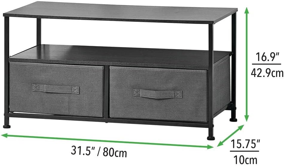 mDesign Fabric Storage TV Stand Organizer Unit - Sturdy Steel Frame, Wood Top, 2 Easy Pull Fabric Bins - Organizer Entertainment Unit for Bedroom, Living Room, Playroom - Charcoal Gray/Black