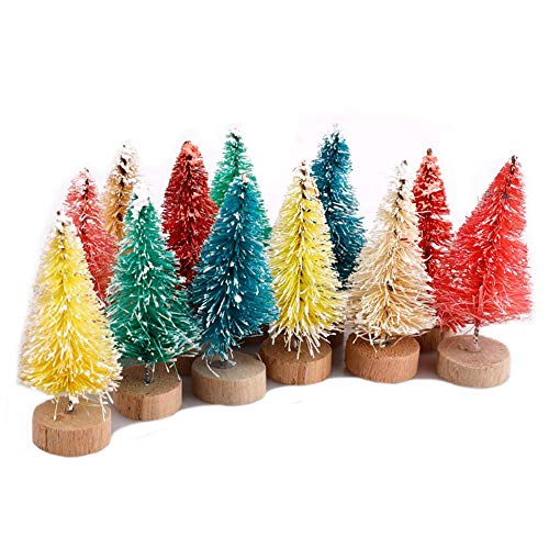 LATO Lot de 12 mini sapins de Noël colorés en sisal givré avec base en bois - Pour décoration de la maison - Multicolore Cover