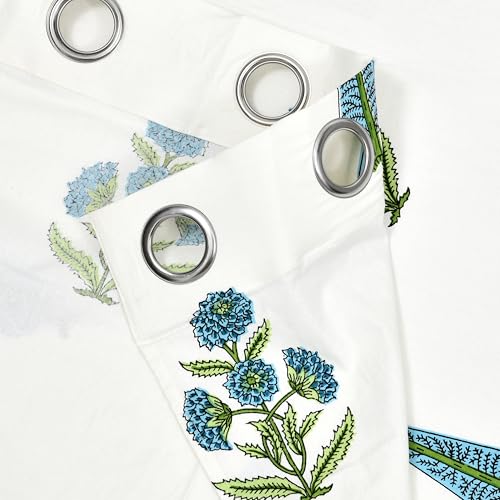 Image of BLOCKS OF INDIA Hand Block Printed Cotton Daylight Curtains with Eyelets | Blue Green Paisley, Door- 7 Feet (Pack of 2)