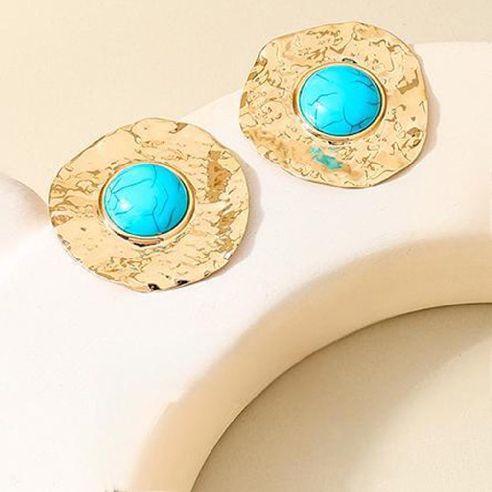 Chunky Gold Turquoise Earrings Dangling for Women Statement, Vintage Hammered Round Disc Small Turquoises Earring Western Jewelry Cowgirl Accessories - Image 5