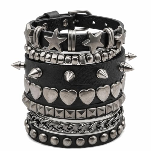 ZYNVORA 5 Pcs Punk Studded Bracelet, Gothic Grunge Jewelry, Emo Y2k Accessories, Alt Rock Spike...