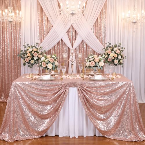 Image of Rectangle Sequin Tablecloth Party Decor 90x132 Inch Blush Pink Desk Cloths | Large Glitter Fabric Overlay for Indoor Outdoor Dining Wedding Parties Home Bridal Shower Decoration