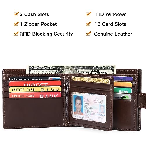 GOIACII Mens Wallet Large Capacity Genuine Leather RFID Blocking Bifold Wallets for Men with ID Window and 15 Card Slots2