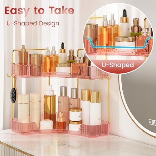 Image of Delicate Pink 2-Tier Corner Counter Organizer with Expandable Hooks | Bathroom, Kitchen & Vanity Storage for PET Makeup, Skincare & Jewelry