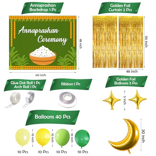 Image of Party Propz Annaprashan Decoration Items - 49pcs Annaprashan Ceremony Decoration with Green Annaprasana Decoration Backdrop, Golden Foil Balloons and Foil Curtain, Balloon for Rice Ceremony Decoration