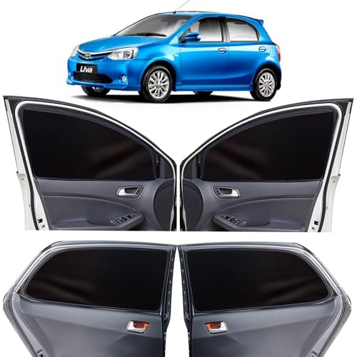 Image of OTO2EYE Car Sun Shade Compatible for Toyota Etios Liva Model-2010-2020, Z-Black Super Magnetic Grip, Front Window Zipper, Side Window Curtains, 4 Pieces Set