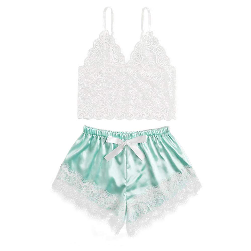 Mujer Sexy Negro con Encaje Sensual Elegante Fina Lenceria para DamaConjuntos de Pijamas para Mujer Sujetadores Sexis para Mujer Ropa de Dormir de Encaje Sexy Ropa Interior Tops Briefs Sets-Green_L