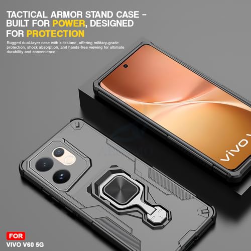 Image of AESTMO Armor Back Cover for Vivo V60 / V60E / T4 Pro 5G | Ring Holder & Kickstand & Camera Protection in-Built | 360 Degree Protection Back Case Cover (Black)