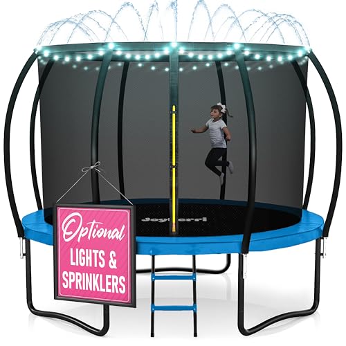 Image of JoyBerri Upsurge Trampoline Outdoor - ASTM Certified Safe 8Ft 10Ft 12Ft 14Ft 15Ft 16Ft Recreational Trampoline for Kids and Adults. Anti-Rust Coating with Enclosure Net, Ladder, Sprinkler & LED Lights