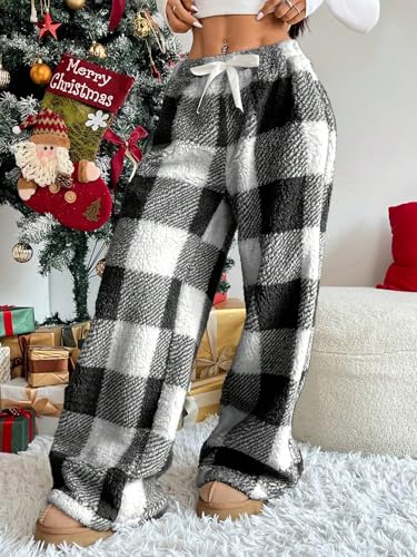 Image of ZAFUL Women's Fuzzy Plush Pajama Pants Wide Leg Pj Bottoms Lounge Pants | Soft Fluffy Sleep Pants Drawstring Elastic Waist Teddy Pjs for Women No Pockets