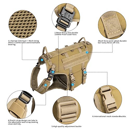 Tactical Dog Vest Harness and Training Dog Collar with Bungee Dog Leash Set No Pull Military Dog Harness with 2 Detachable and 1 Water Bottle Pouches for Outdoor Training Service, Coyote Brown L - Image 3